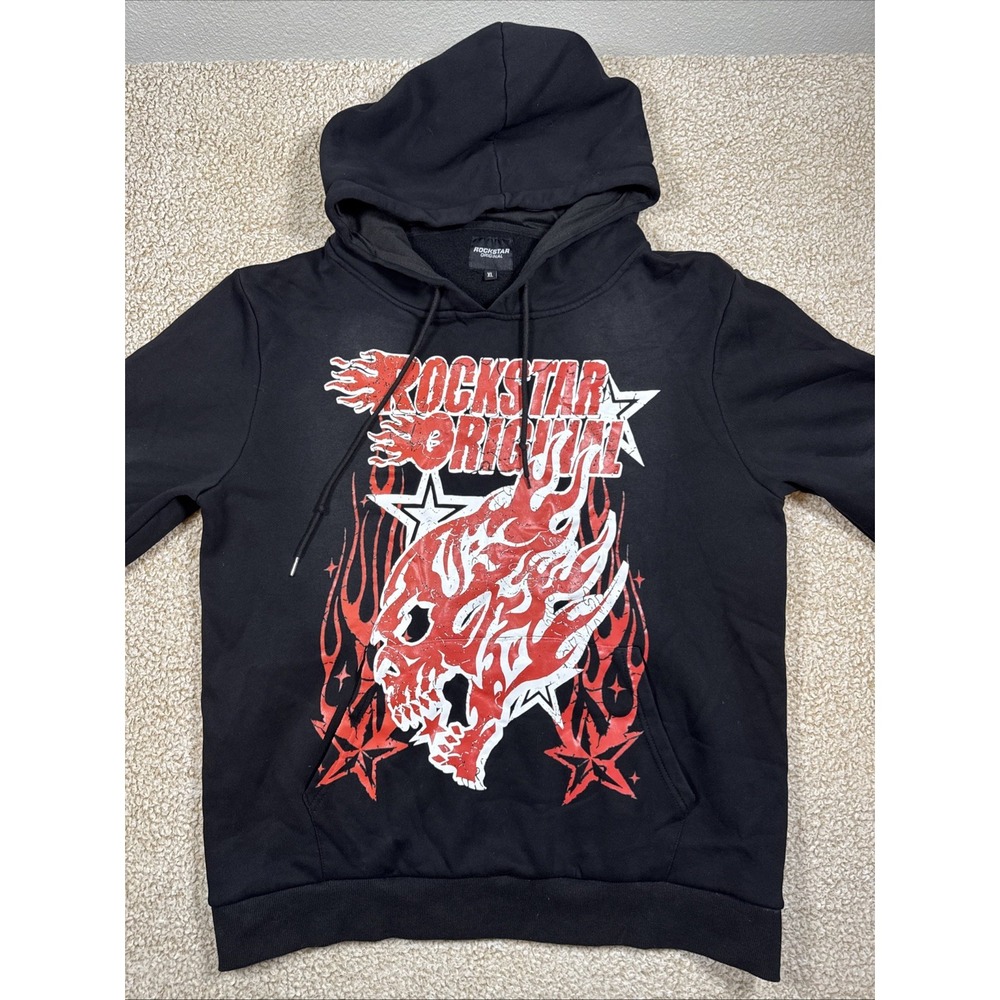 Rockstar Original Pullover Hoodie Men's XL Black Fire Flame Graphic Print Grunge